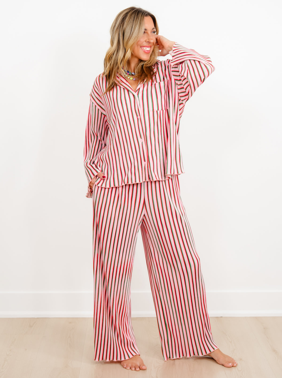 Multi Color Stripe Long Sleeve Top and Pants Lounge Set