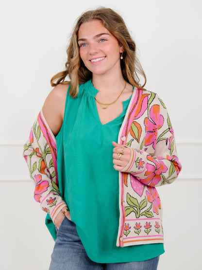 Door Buster! Plus/Reg Embroidered Floral Sleeveless V Neck Top - Freckled Poppy