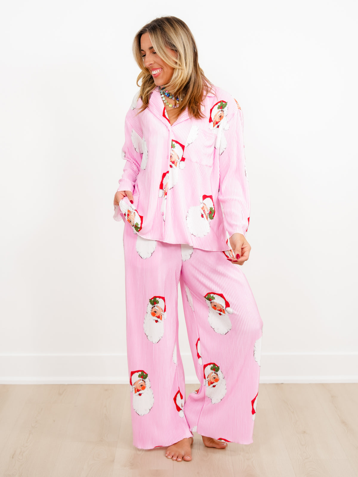 Santa Print Long Sleeve Top and Pants Lounge Set