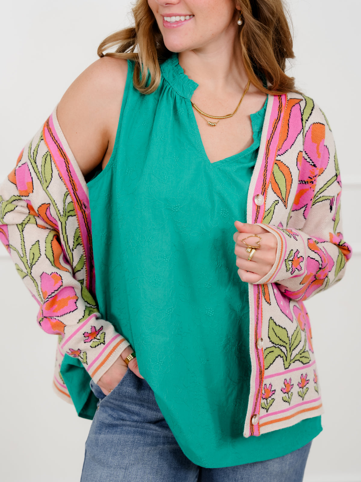 Door Buster! Plus/Reg Embroidered Floral Sleeveless V Neck Top - Freckled Poppy