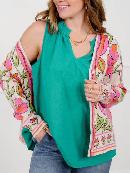 Door Buster! Plus/Reg Embroidered Floral Sleeveless V Neck Top - Freckled Poppy