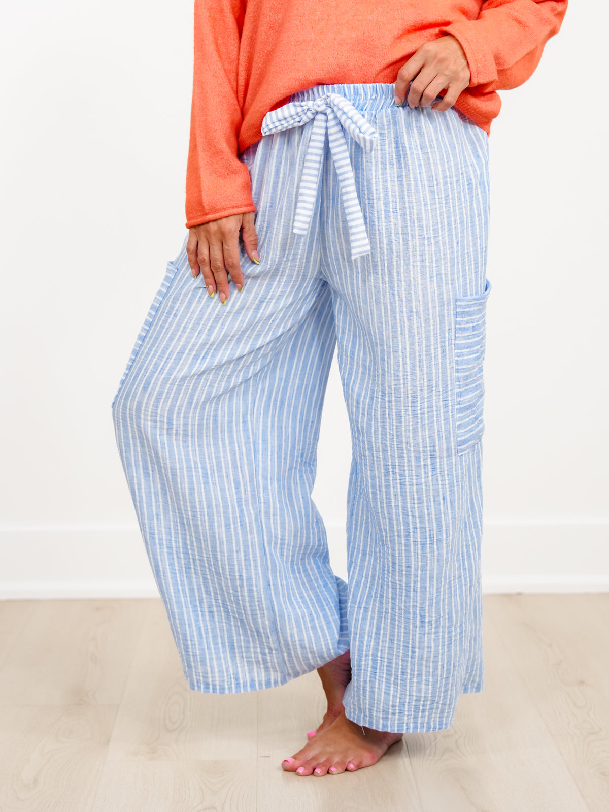 Plus/Reg Stripe Pattern Wide Leg Pants With Pockets - Freckled Poppy