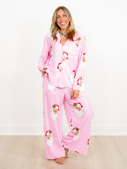 Santa Print Long Sleeve Top and Pants Lounge Set