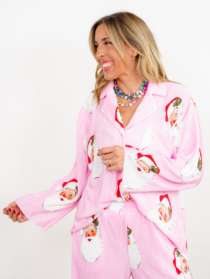 Santa Print Long Sleeve Top and Pants Lounge Set