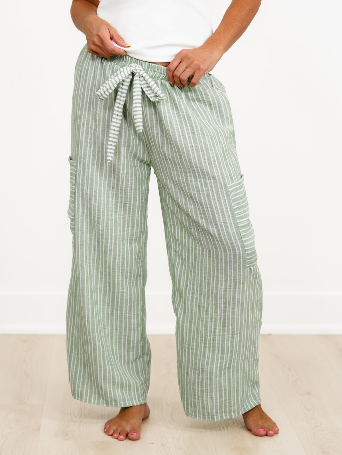 Plus/Reg Stripe Pattern Wide Leg Pants With Pockets - Freckled Poppy