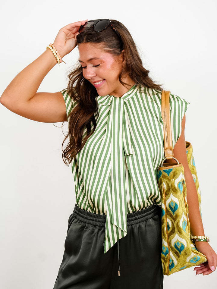 Olive Stripe Sleeveless Top with Neck Tie - Freckled Poppy