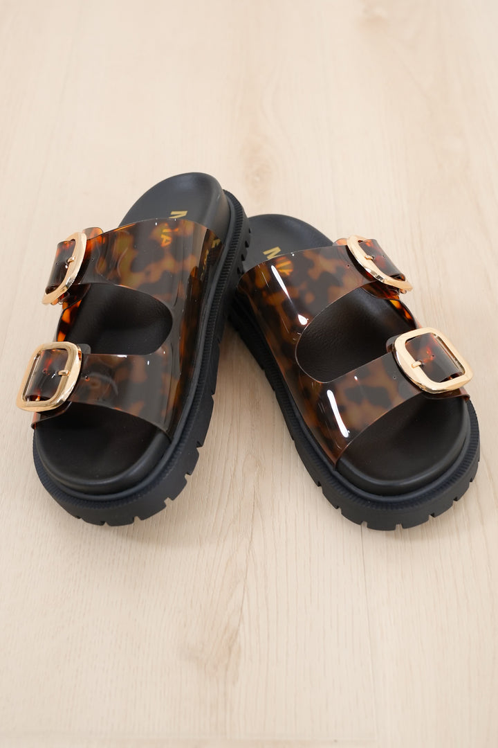 MIA Transparent Animal Print Double Buckle Platform Slide Sandal - Freckled Poppy