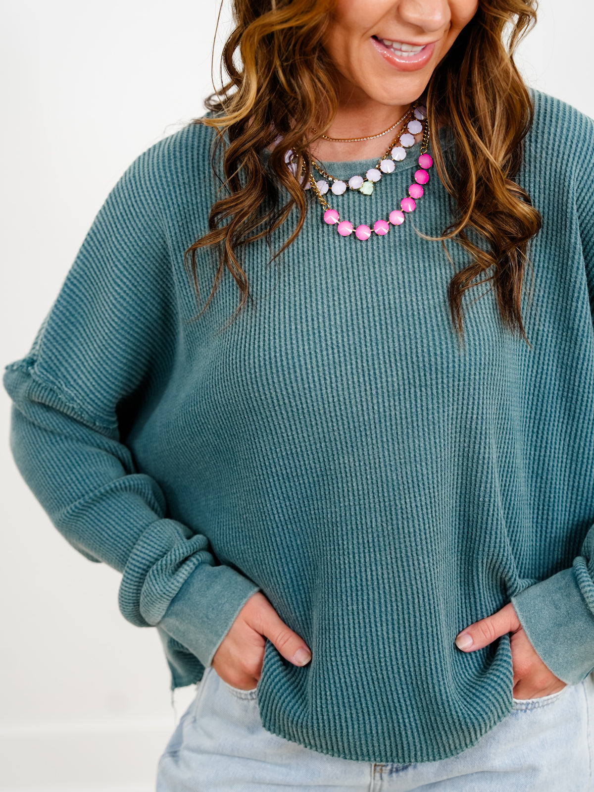 Door Buster! Mineral Wash Waffle Knit Long Sleeve Top - Freckled Poppy