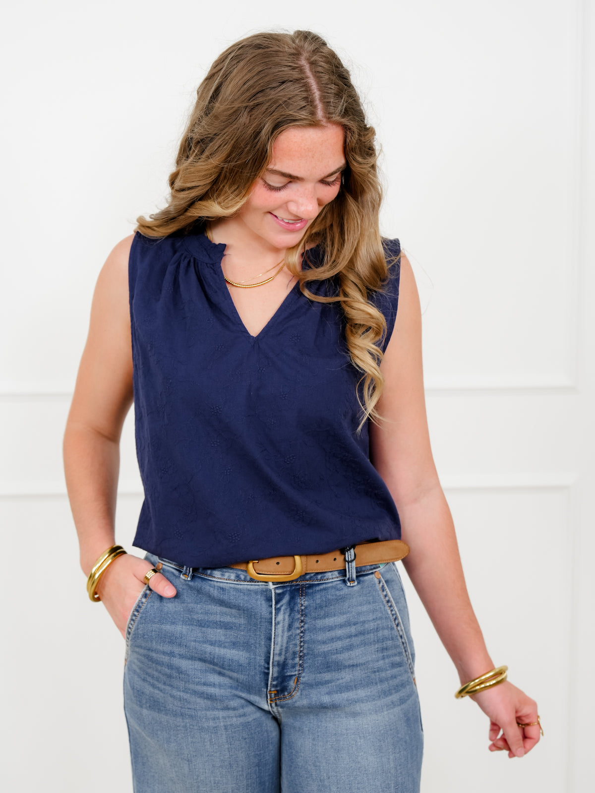 Door Buster! Plus/Reg Embroidered Floral Sleeveless V Neck Top - Freckled Poppy