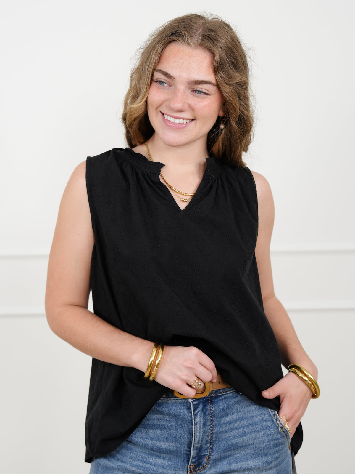 Door Buster! Plus/Reg Embroidered Floral Sleeveless V Neck Top - Freckled Poppy