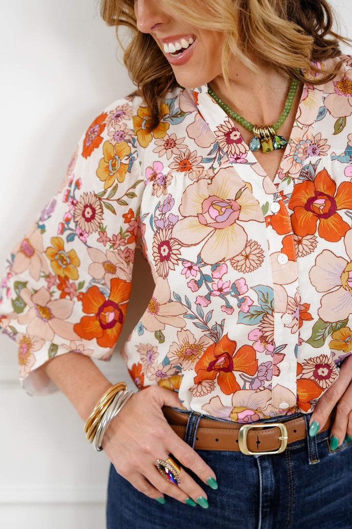 Floral Pattern 3/4 Sleeve Button Up Blouse - Freckled Poppy