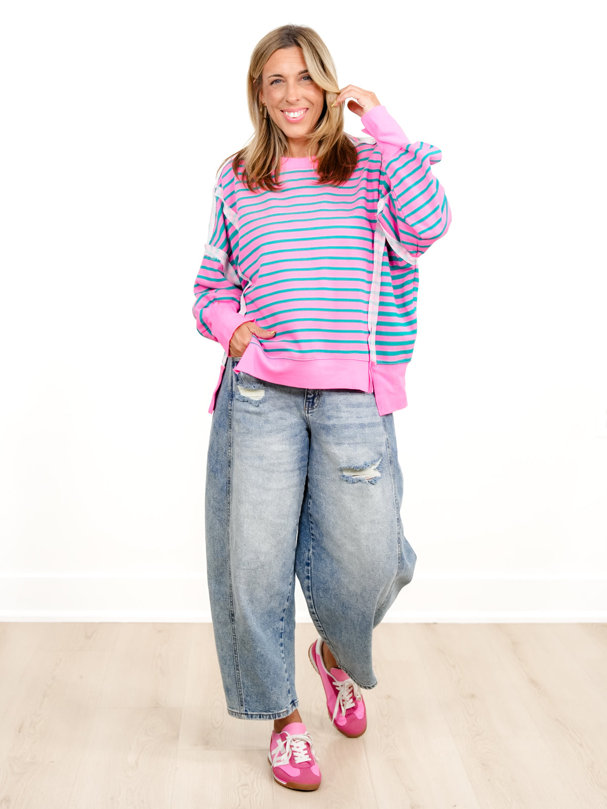 Plus/Reg Long Sleeve Stripe Print Sweatshirt with Exposed Seam Details - Freckled Poppy