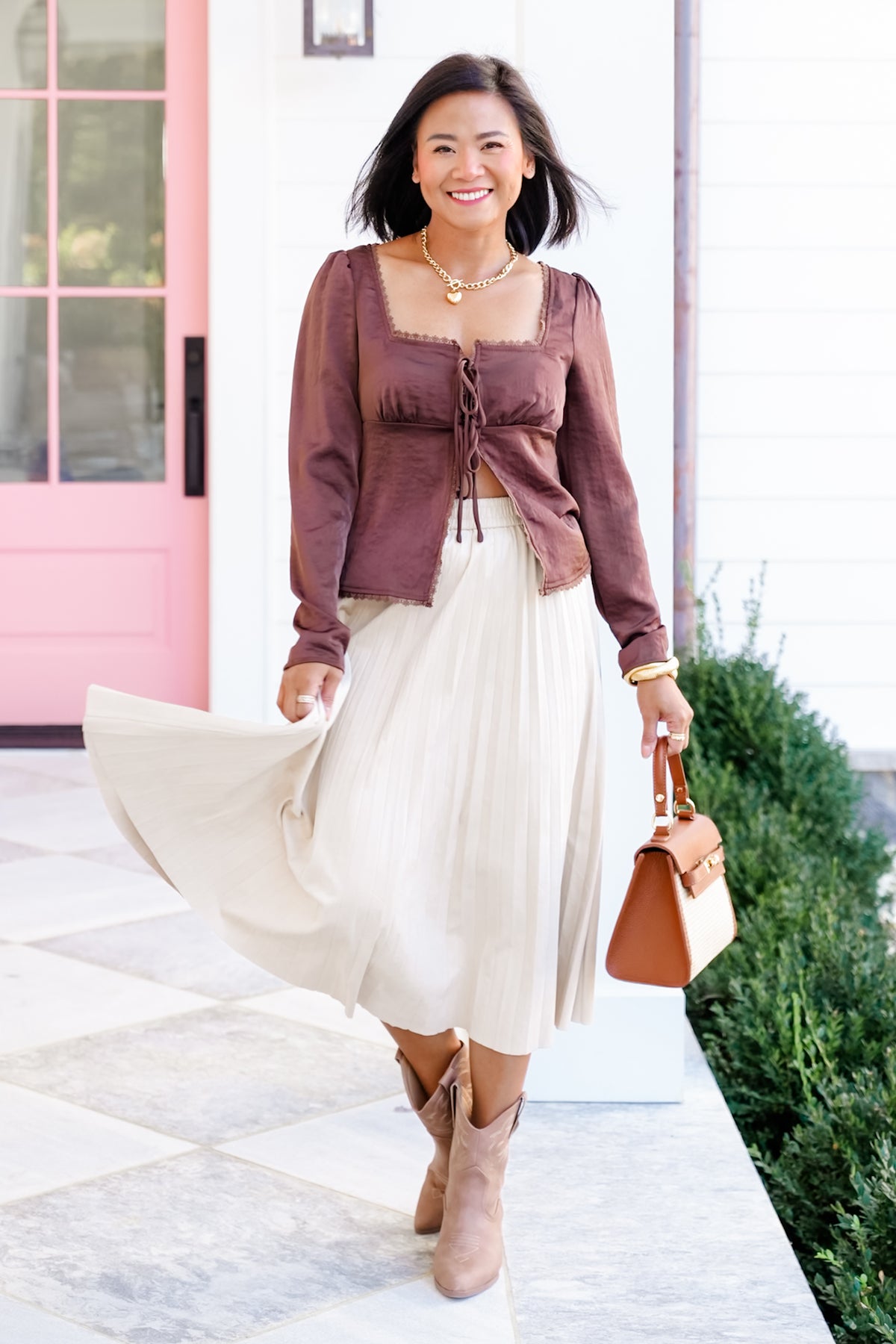 Square Neck Front Tie Long Sleeve Top with Lace Trim - Freckled Poppy