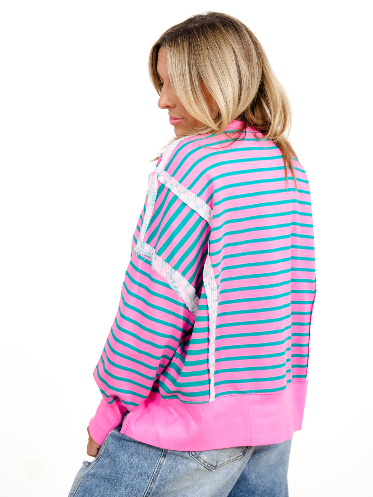 Plus/Reg Long Sleeve Stripe Print Sweatshirt with Exposed Seam Details - Freckled Poppy