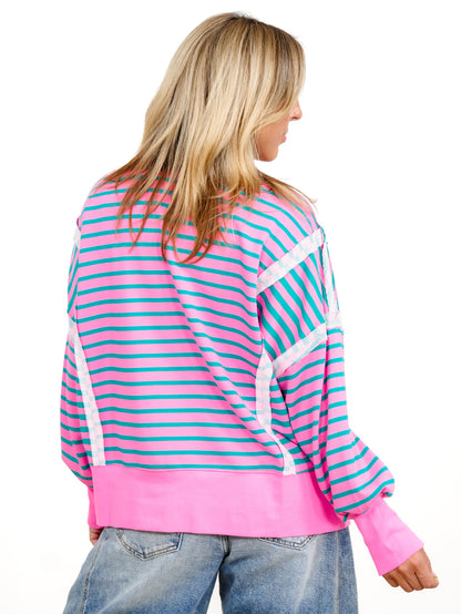 Plus/Reg Long Sleeve Stripe Print Sweatshirt with Exposed Seam Details - Freckled Poppy