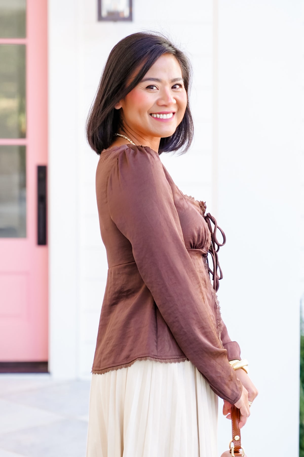 Square Neck Front Tie Long Sleeve Top with Lace Trim - Freckled Poppy