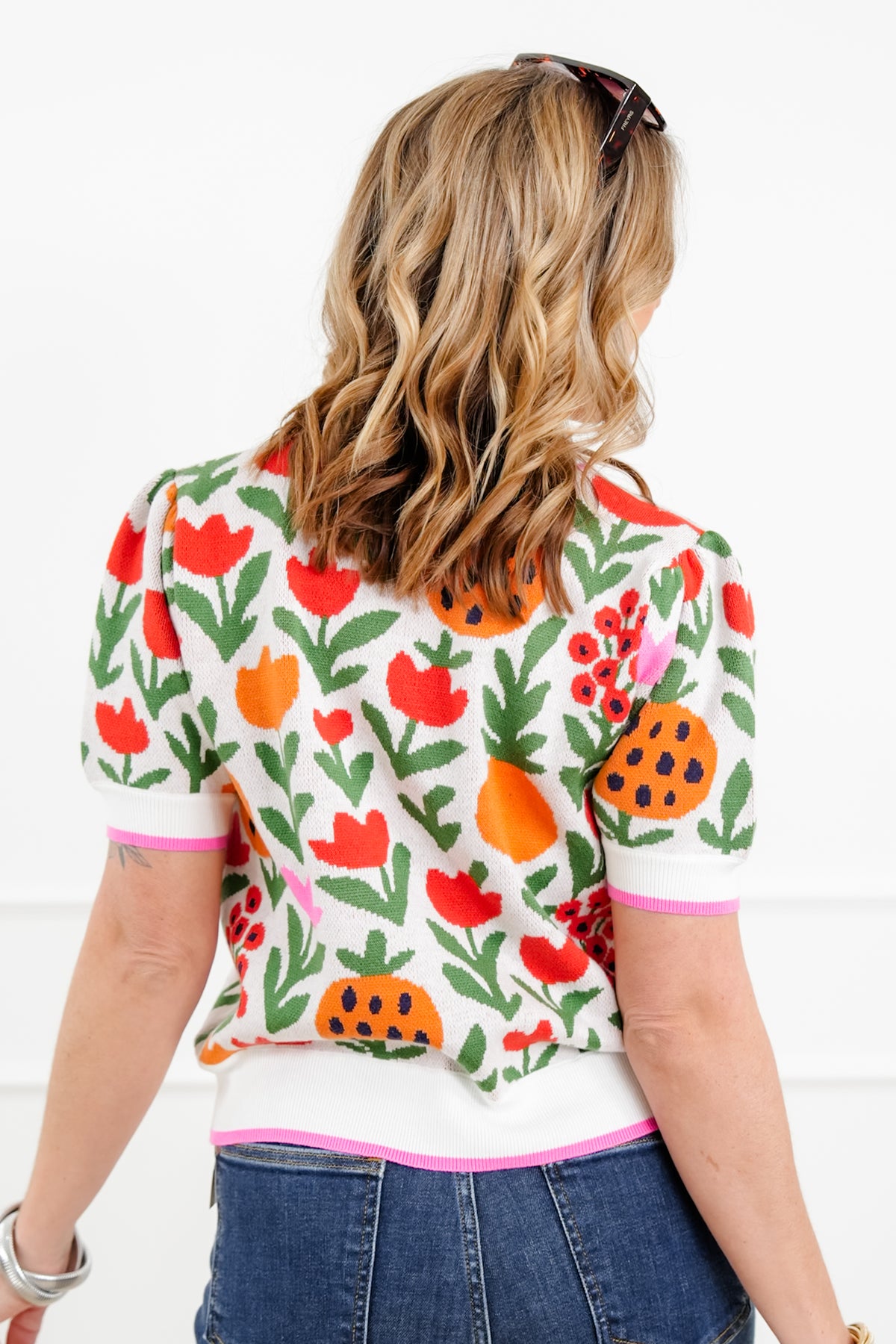 Floral Print Short Sleeve Sweater - Freckled Poppy