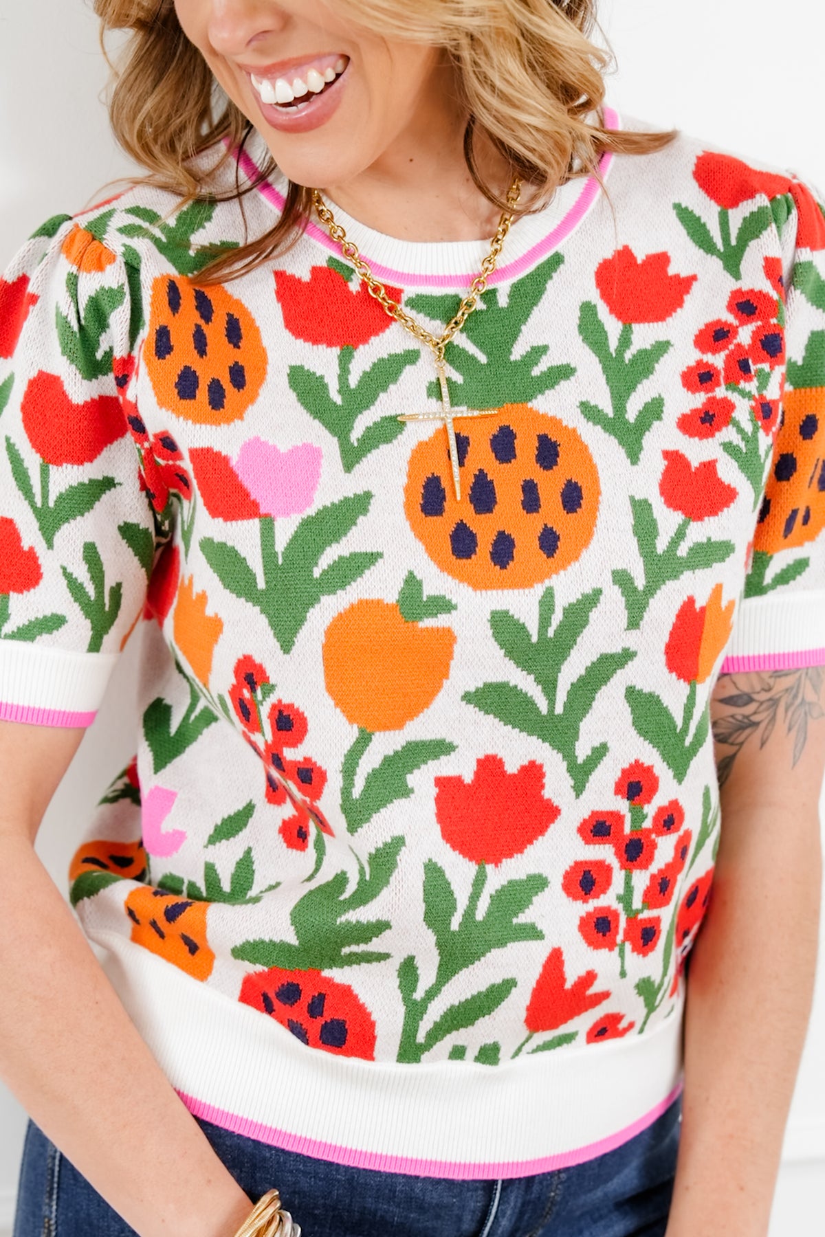 Floral Print Short Sleeve Sweater - Freckled Poppy