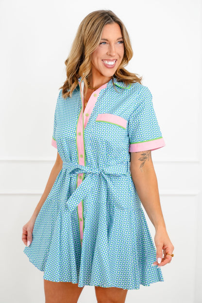 Geometric Print Short Sleeve Button Down Mini Dress - Freckled Poppy