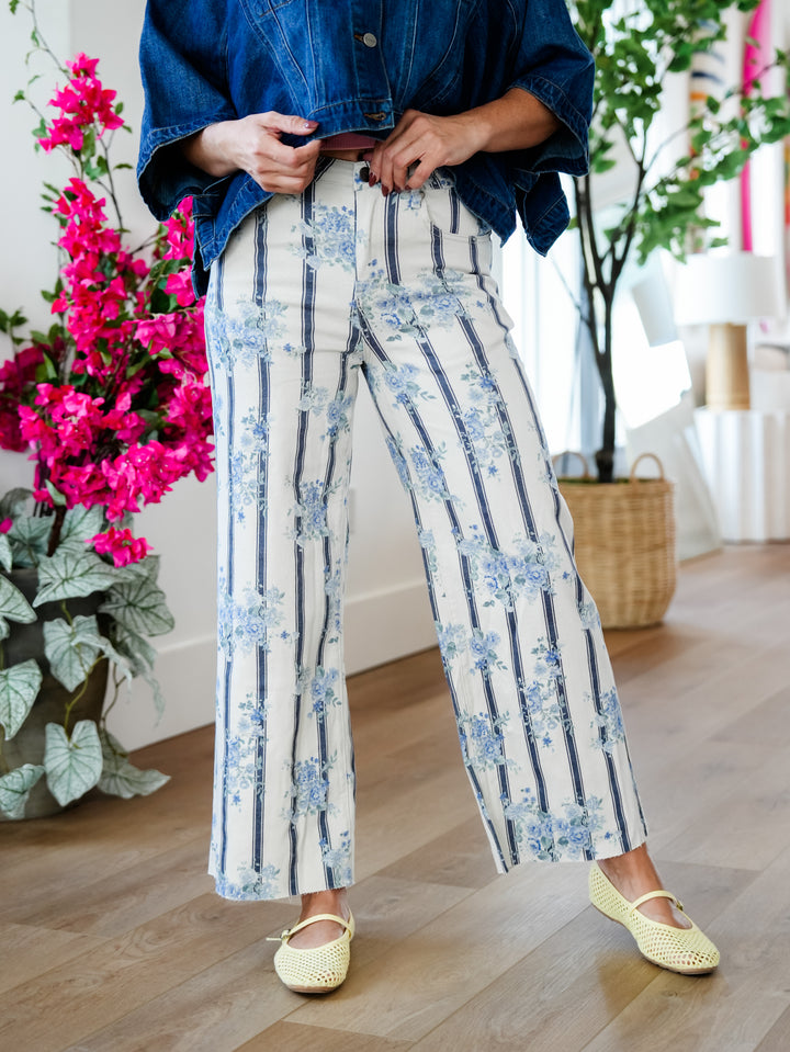 High Rise Floral & Stripe Print Wide Leg Pants - Freckled Poppy