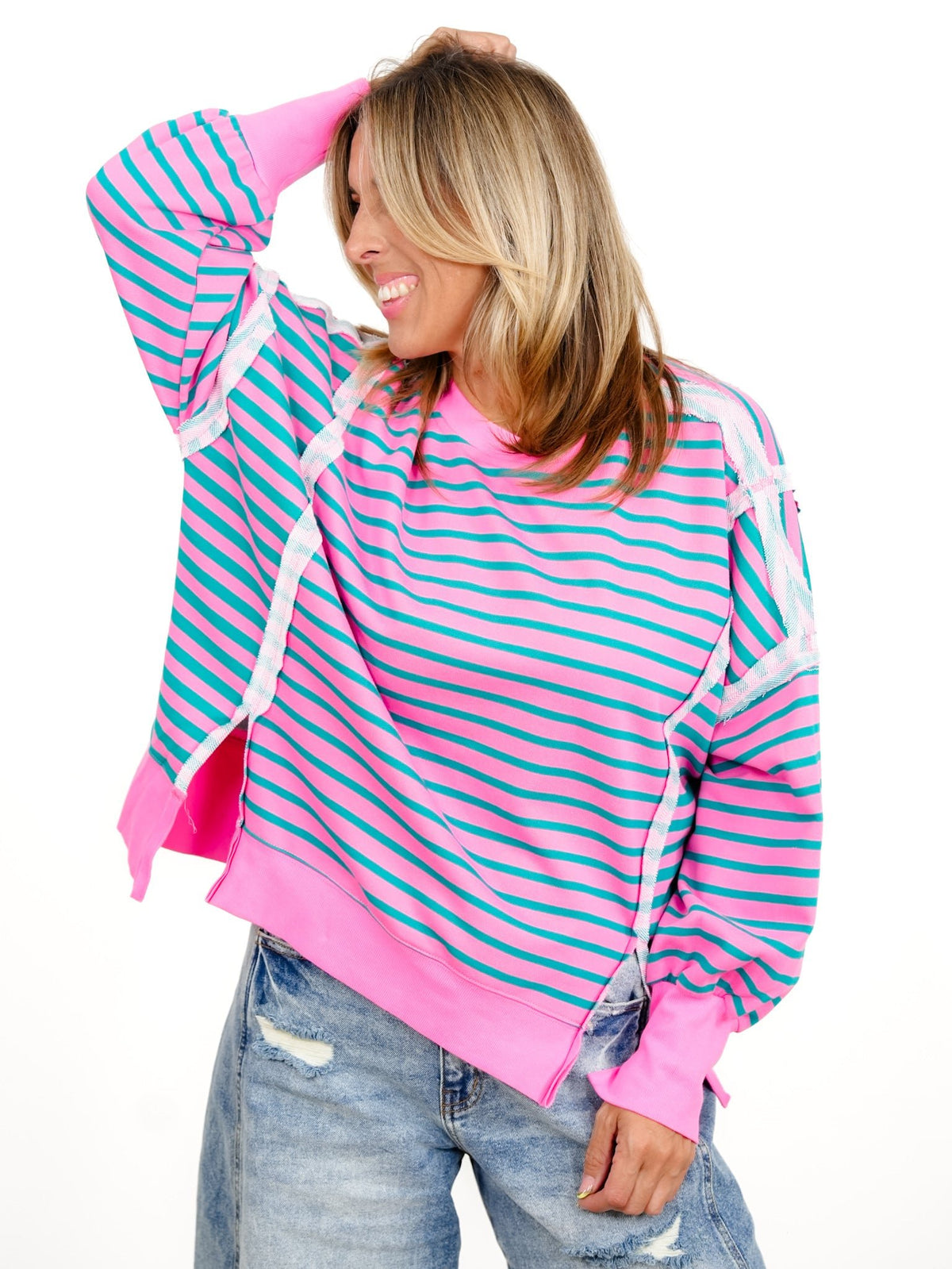 Plus/Reg Long Sleeve Stripe Print Sweatshirt with Exposed Seam Details - Freckled Poppy