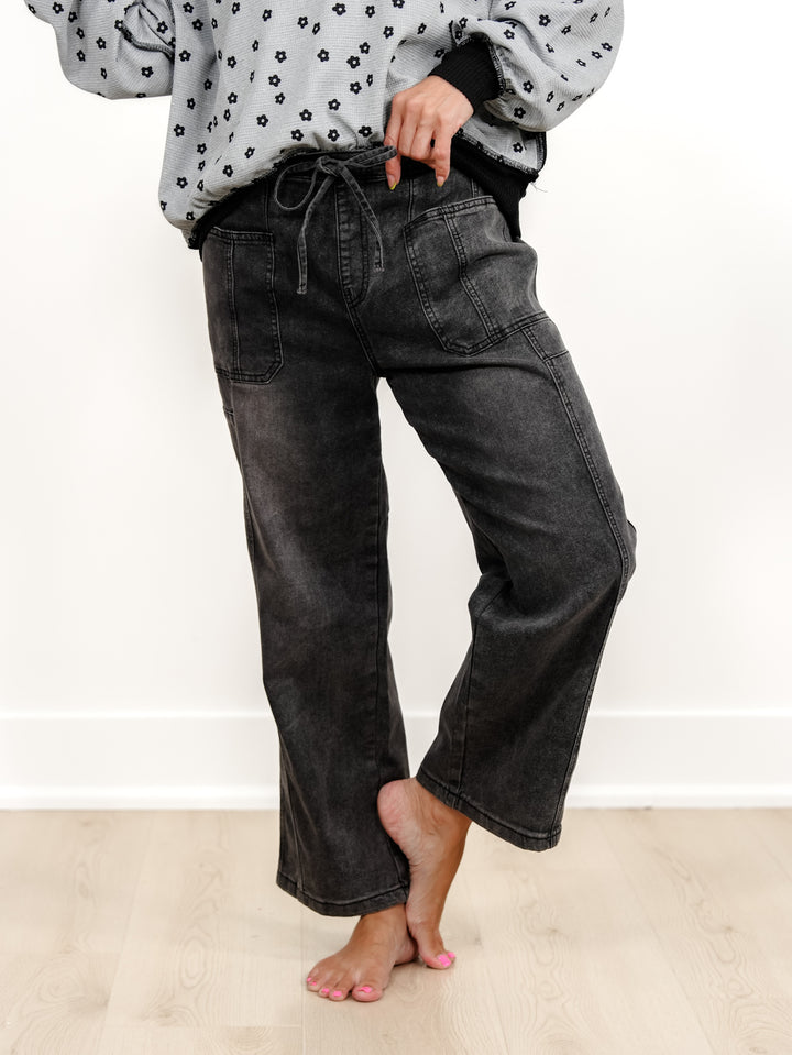 Washed Wide Leg Pants With Drawstring - Freckled Poppy