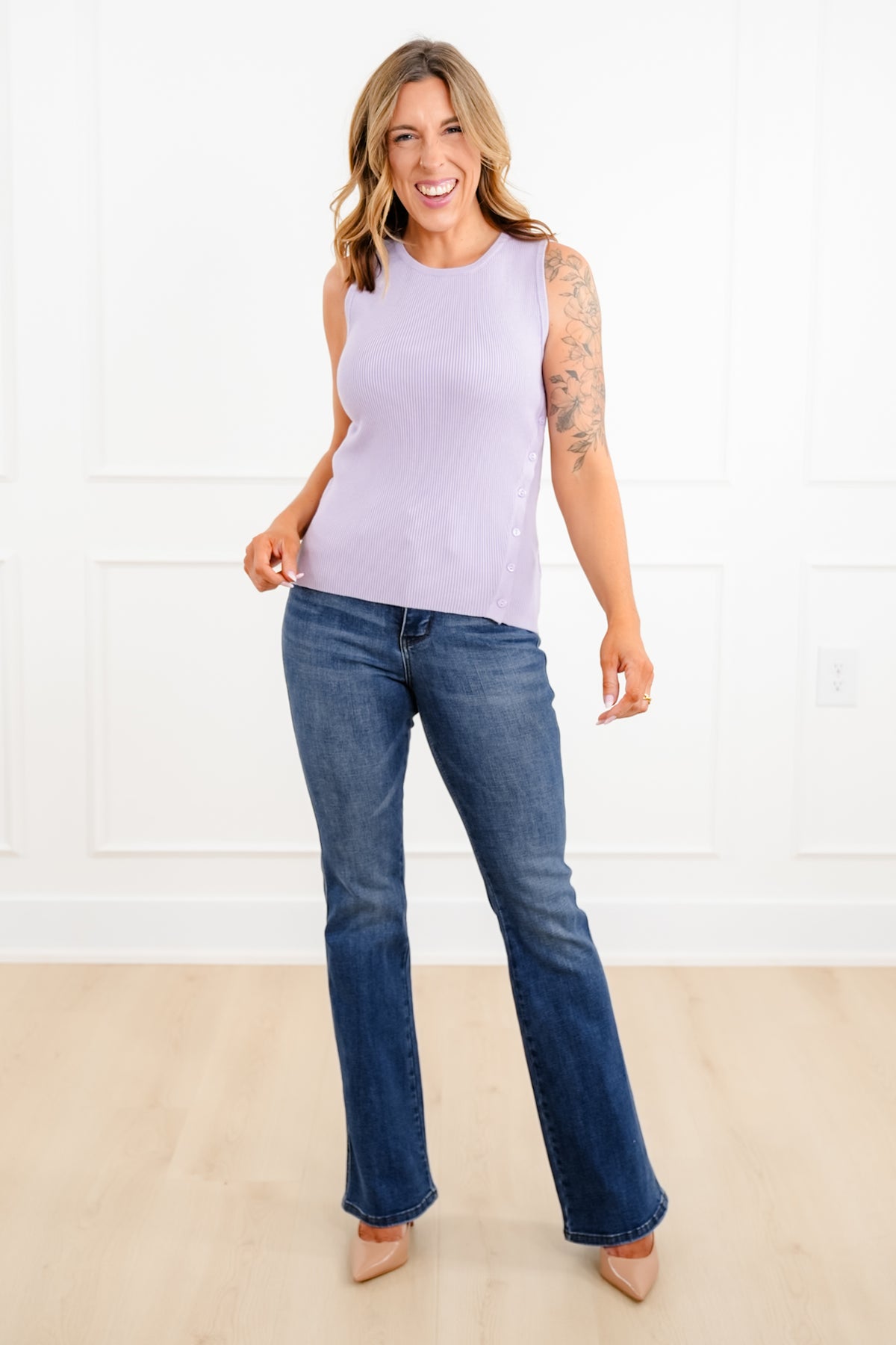 Ribbed Sleeveless Tank Top with Button Accent - Freckled Poppy