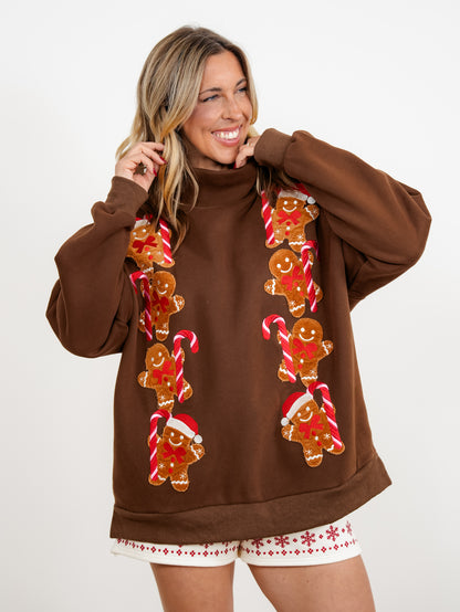Corduroy Ginger Bread Man Long Sleeve Mock Neck Pullover Sweatshirt - Freckled Poppy