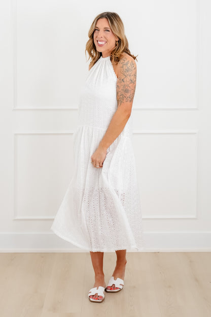 White Eyelet Sleeveless Drop Waist Dress - Freckled Poppy