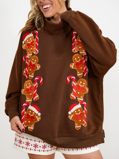 Corduroy Ginger Bread Man Long Sleeve Mock Neck Pullover Sweatshirt - Freckled Poppy