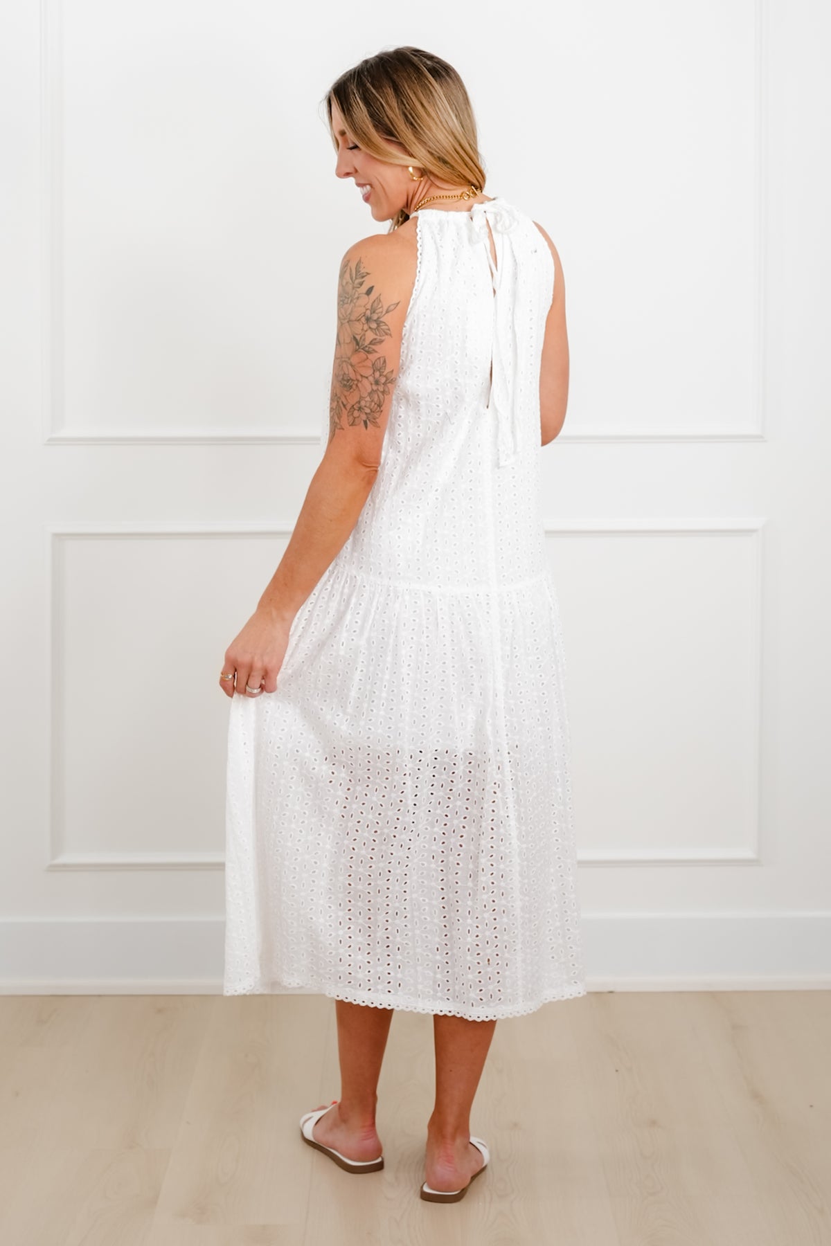 White Eyelet Sleeveless Drop Waist Dress - Freckled Poppy