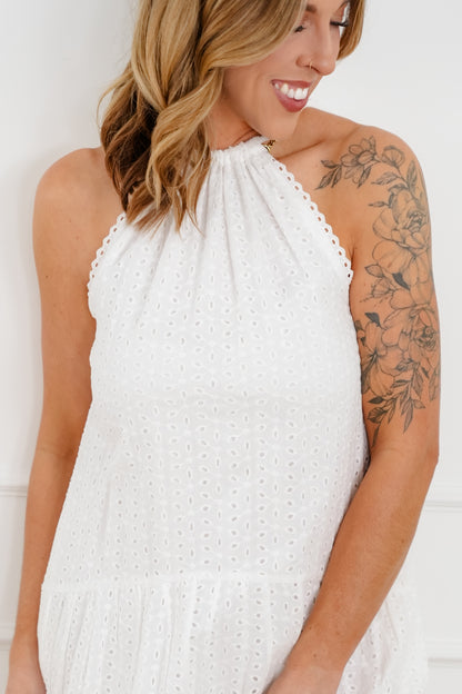 White Eyelet Sleeveless Drop Waist Dress - Freckled Poppy