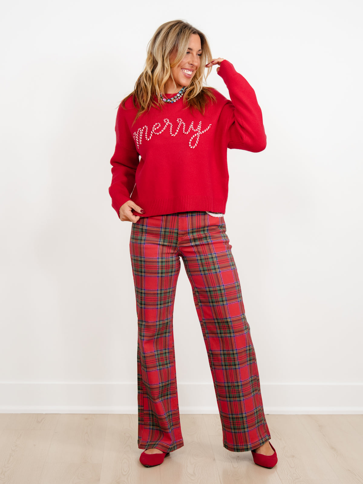 Red Long Sleeve "Merry" Pullover Sweater