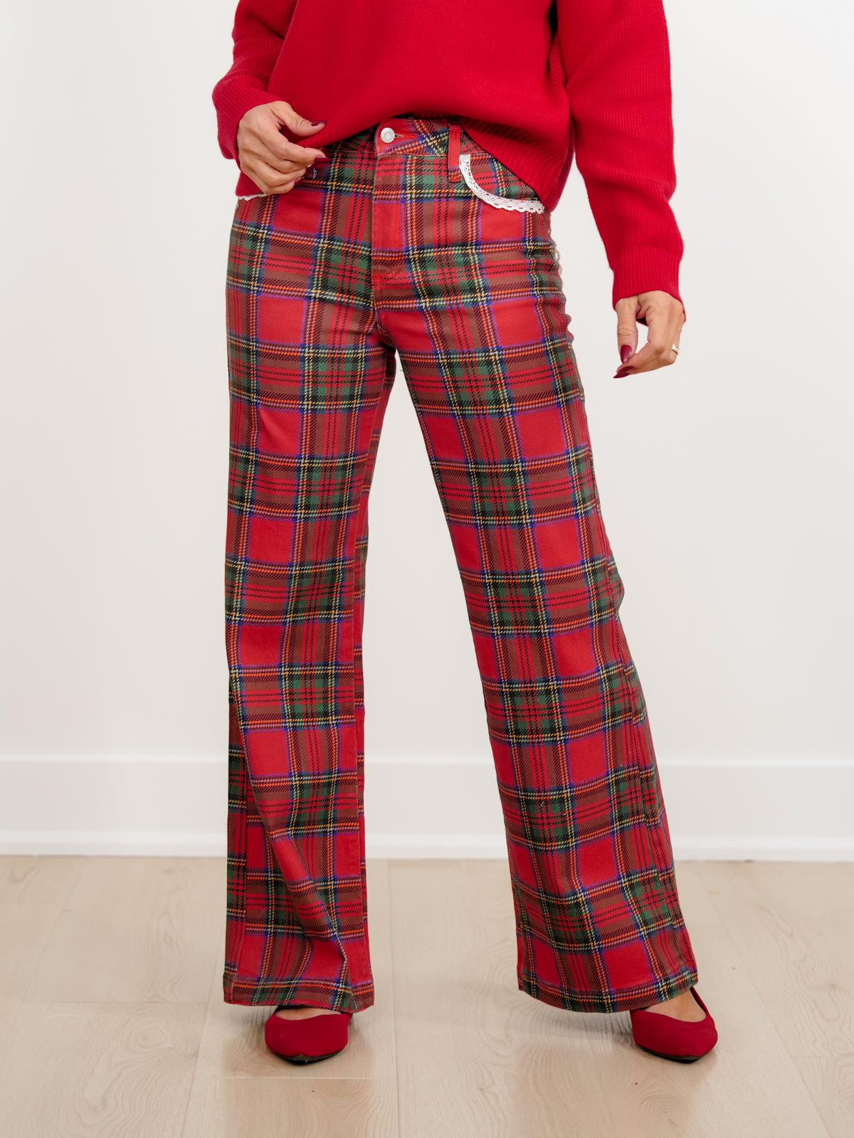 POPPY & PINE Red Plaid Pants with Lace Trim