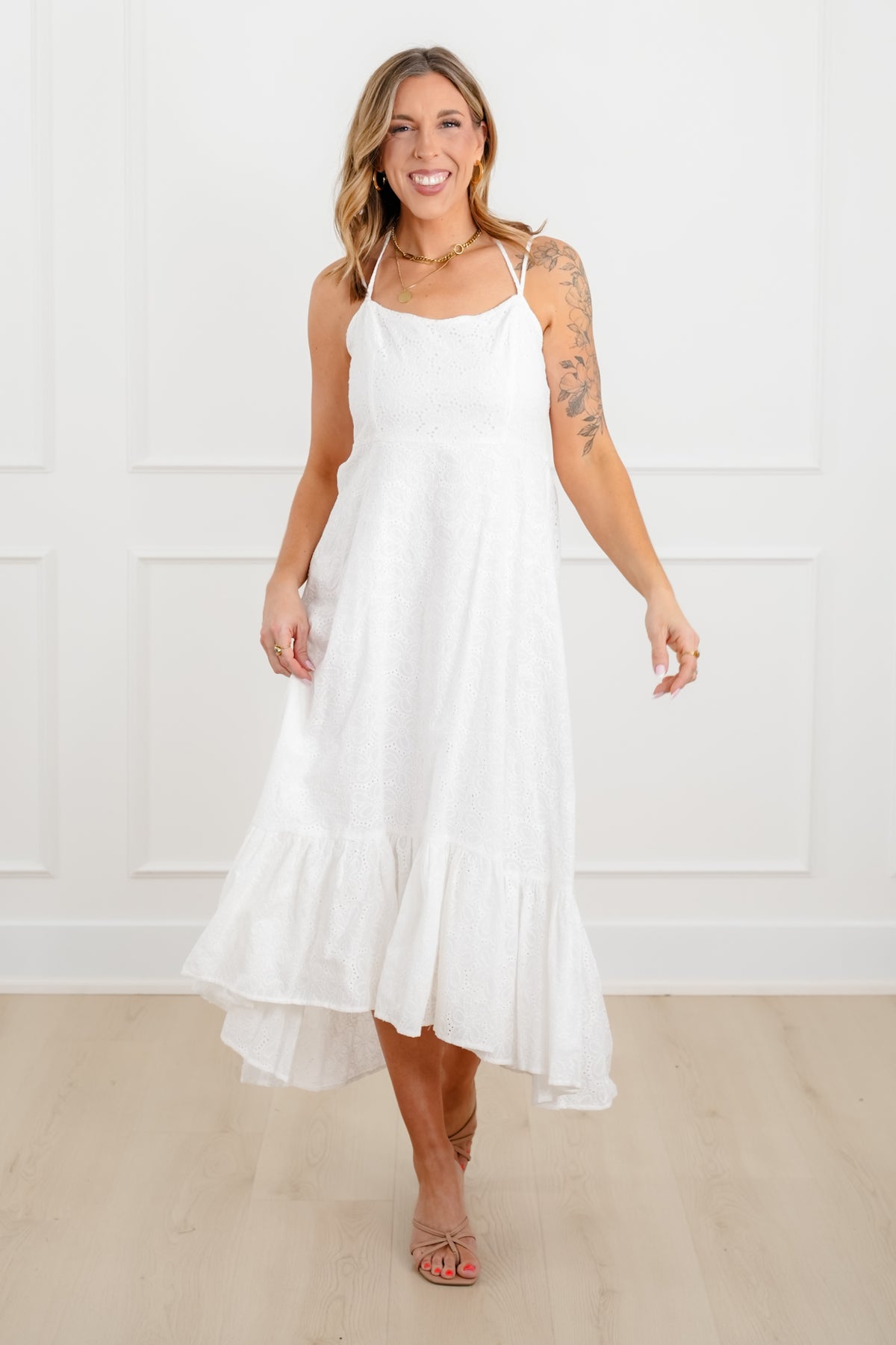 Plus/Reg White Embroidered Spaghetti Strap Midi Dress - Freckled Poppy
