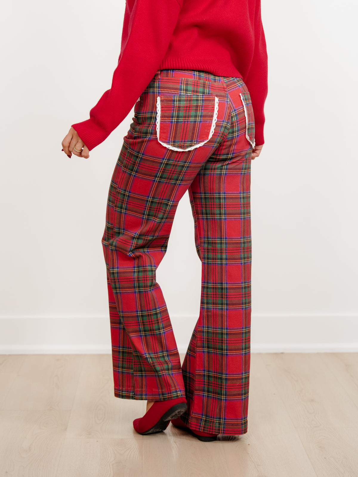 POPPY & PINE Red Plaid Pants with Lace Trim