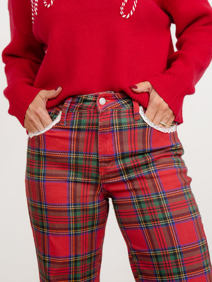 POPPY & PINE Red Plaid Pants with Lace Trim