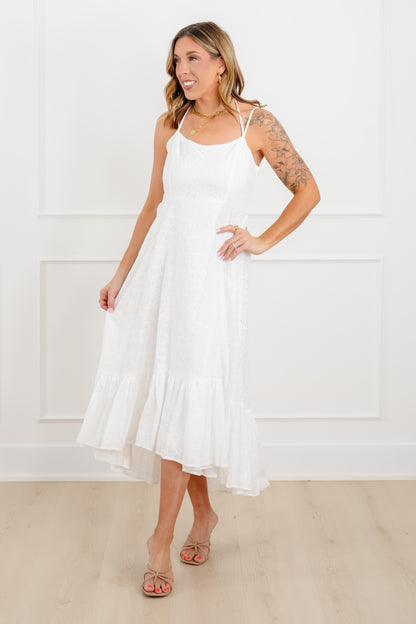 Plus/Reg White Embroidered Spaghetti Strap Midi Dress - Freckled Poppy
