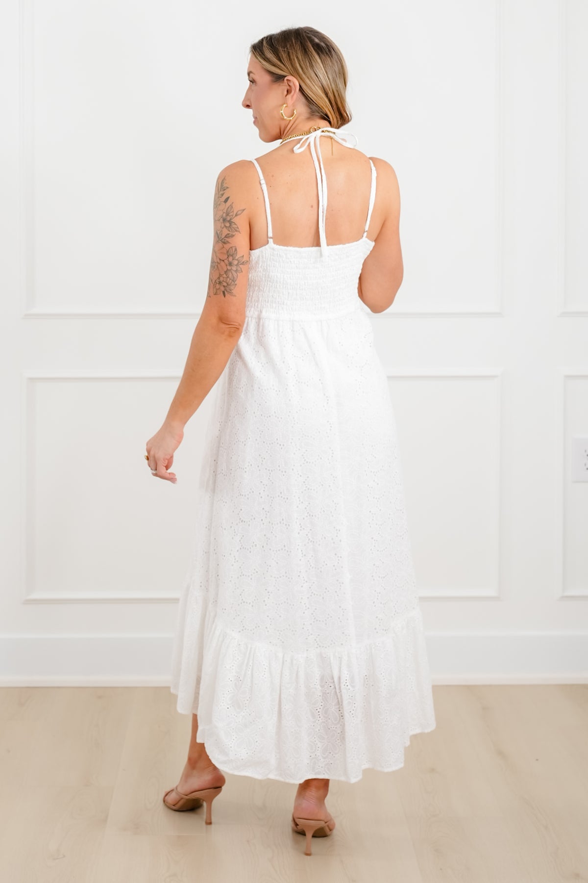 Plus/Reg White Embroidered Spaghetti Strap Midi Dress - Freckled Poppy