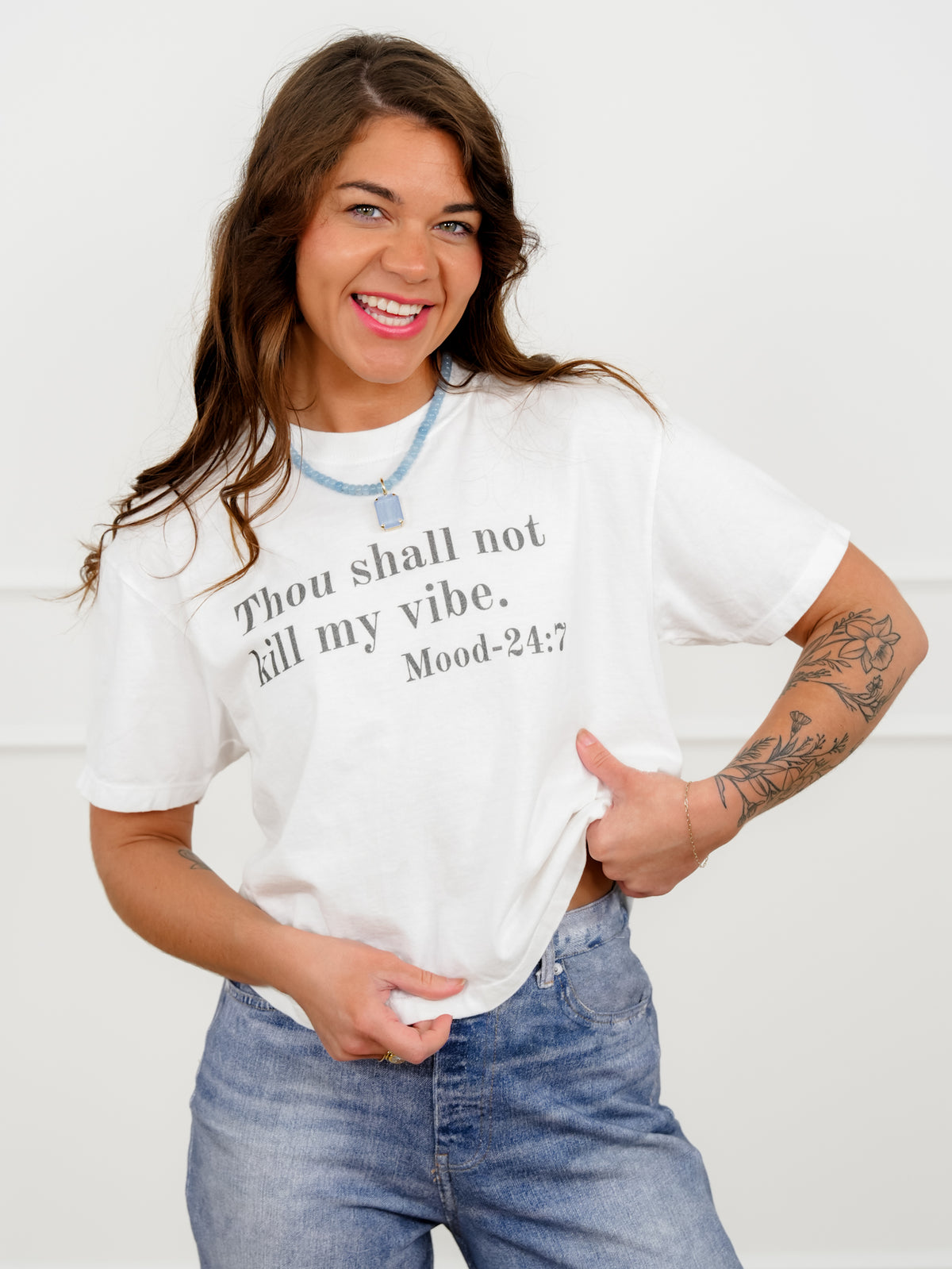 Plus/Reg Short Sleeve "Thou Shall Not Kill My Vibe" Graphic Tee - Freckled Poppy