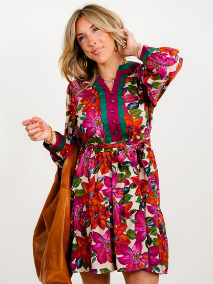 Plus/Reg Floral Printed V-Neck Long Sleeve Mini Dress with Pockets - Freckled Poppy