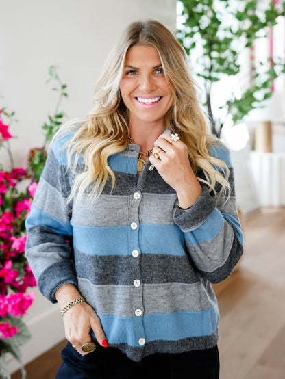 Plus/Reg Stripe Long Sleeve Button Down Cardigan - Freckled Poppy