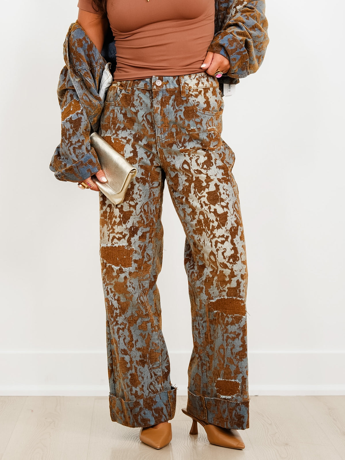 Burn Out High Waisted Distressed Wide Leg Pants - Freckled Poppy