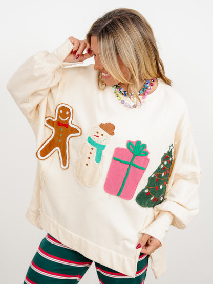 Long Sleeve Crew Neck Christmas Patch Pullover Sweatshirt