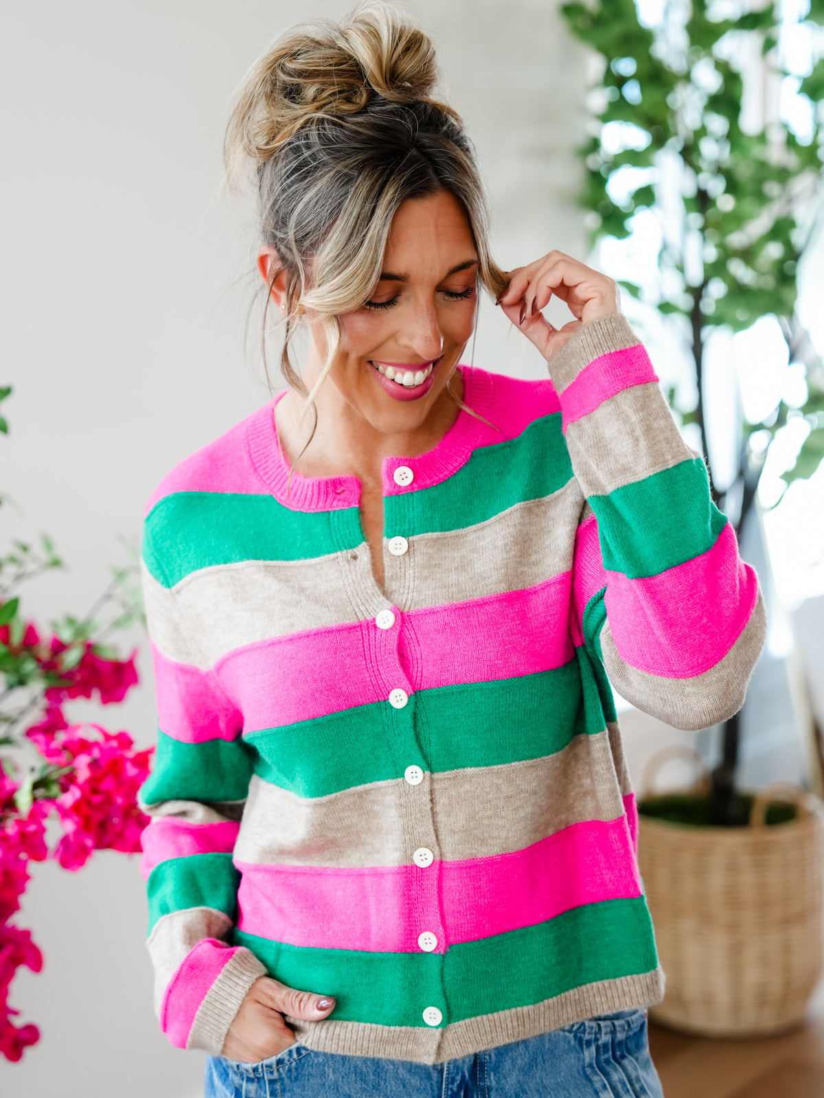 Plus/Reg Stripe Long Sleeve Button Down Cardigan - Freckled Poppy