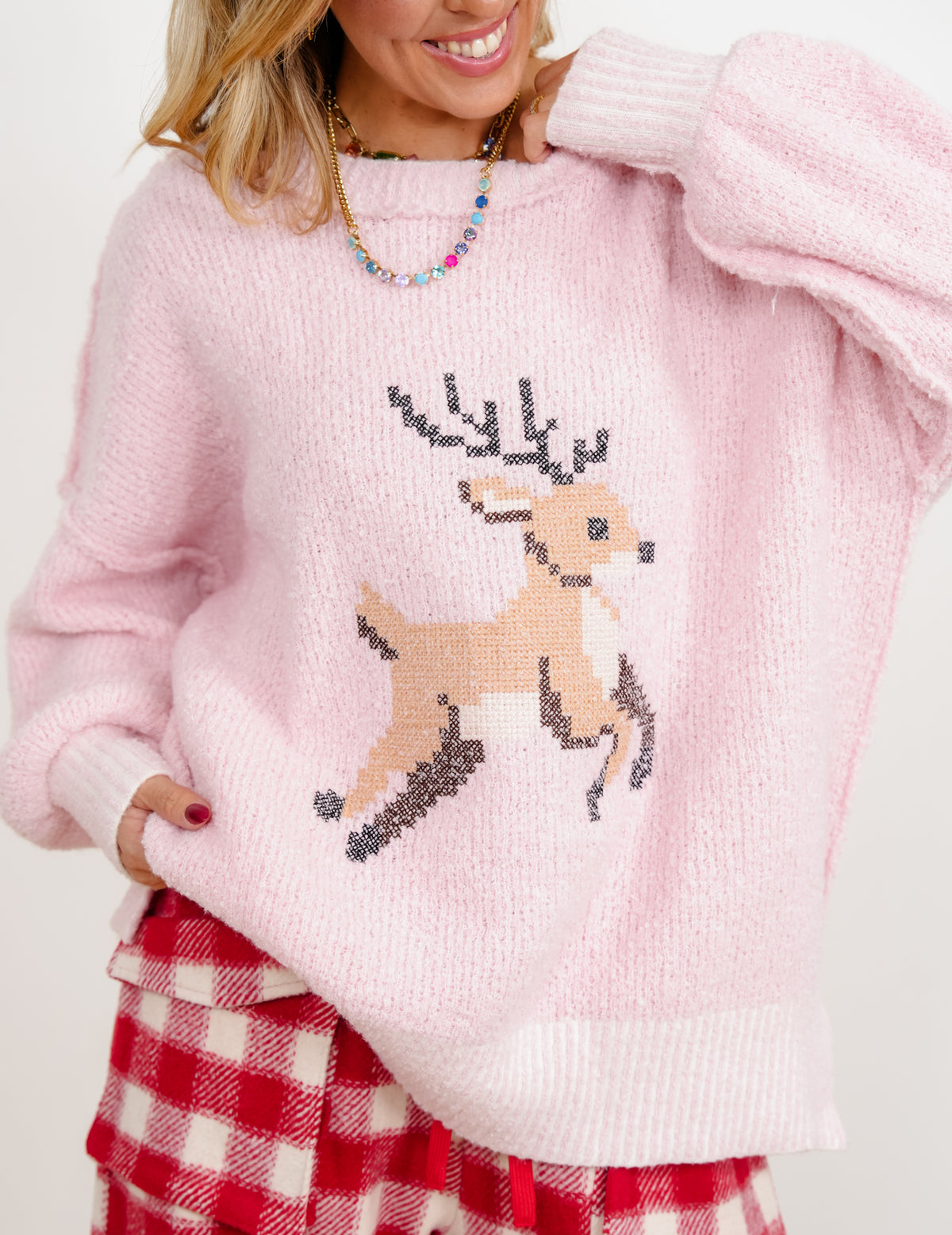 Cross Stitch Deer Long Sleeve Pullover Sweater