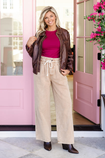 Light Mocha Washed Wide Leg Pants with Drawstring - Freckled Poppy