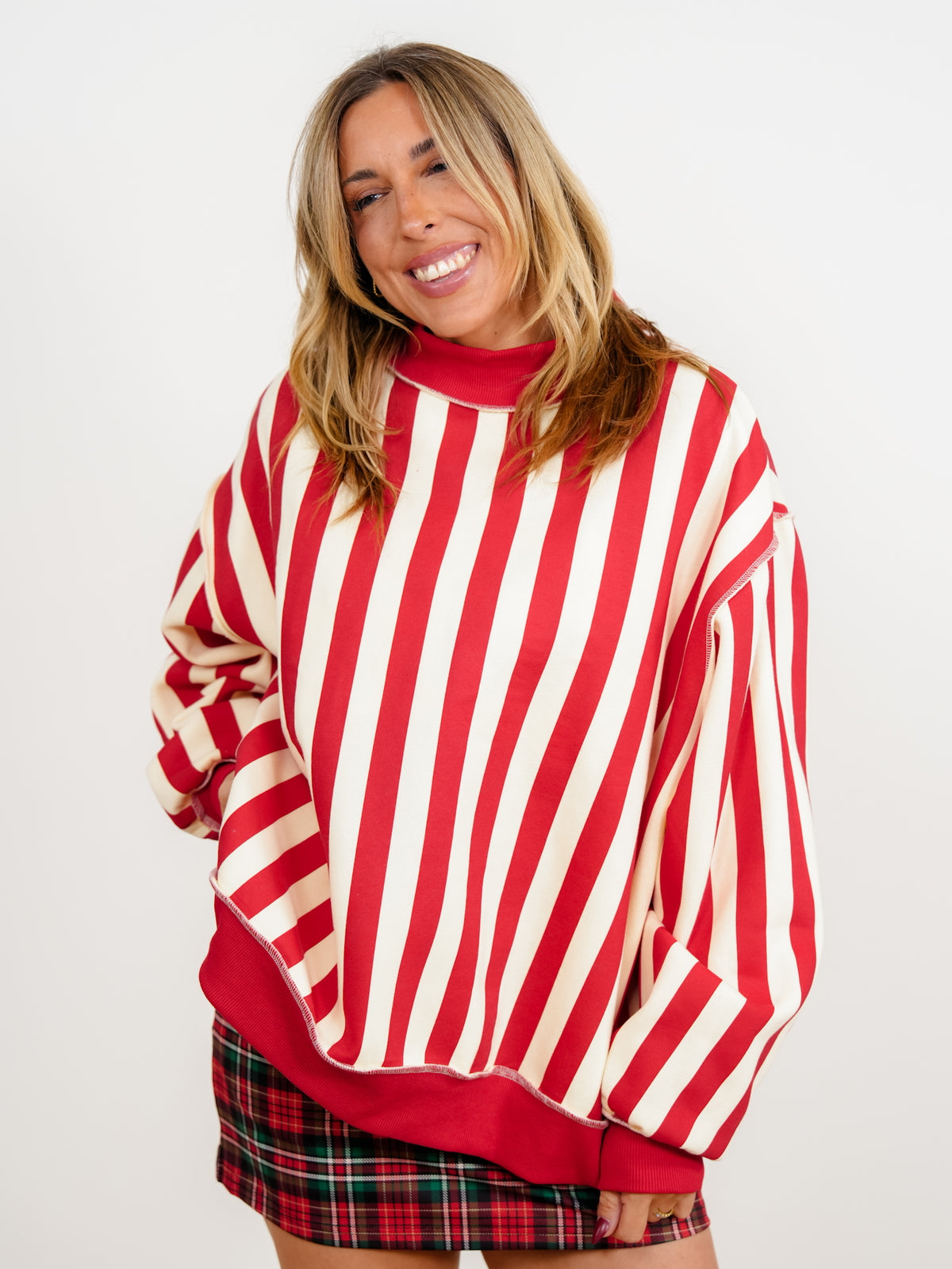 Long Sleeve Mock Neck Merry/Stripe Reversible Sweatshirt