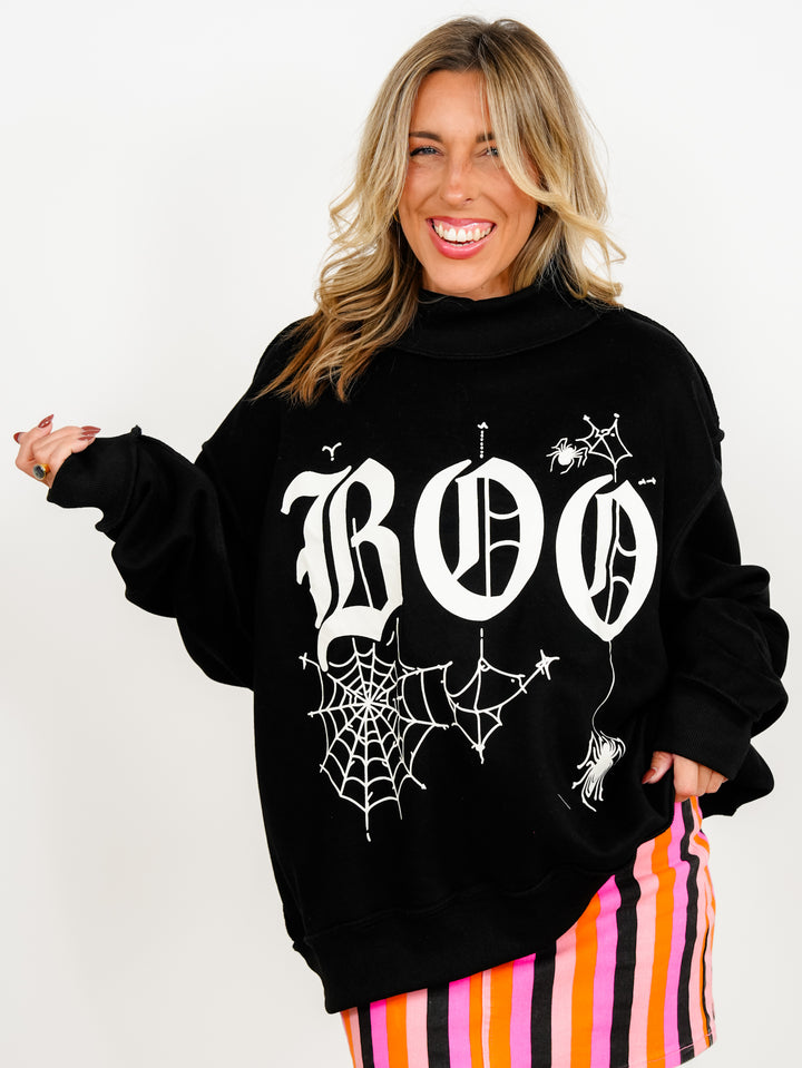 Long Sleeve Mock Neck Reversible "BOO" Halloween Graphic Sweatshirt - Freckled Poppy