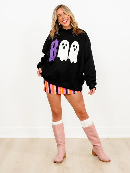 Long Sleeve Mock Neck Reversible "BOO" Halloween Graphic Sweatshirt - Freckled Poppy
